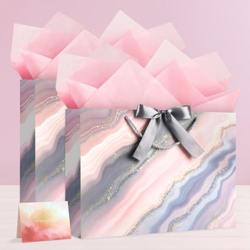 Image of JMANNI Gift Bags, Mothers Day Gift Bags with Ribbon, Portable Paper Gift Bag, Marble Pattern, for Any Occasion, Including Valentines Day Baby Shower Birthday Party Wedding Mothers Day(LP11-DLS05-L