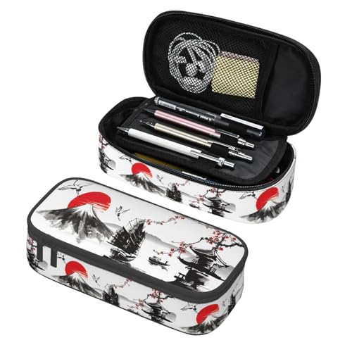 Image of Japanese Cherry Blossom And Mount Fuji Large Pencil Case, Pencil Pouch With Zipper Compartments Stationery Pencil Bag For Kids Teens Students School Supplies
