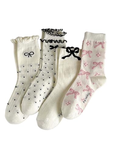 Floerns Women's 4 Pairs Bow Print Crew Socks Cute Comfy Frilly Sock - Main Image