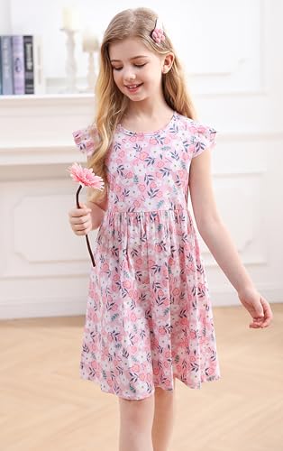 Little Girls Summer Flutter Sleeve Cute Boho Floral Dresses Kids Ruffle Pleated A Line Empire Waist Flowy Sundress3