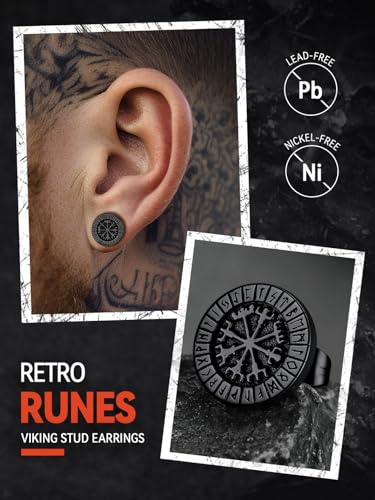 FaithHeart Viking Runes Stud Earrings for Men Silver/Black/Gold Stainless Steel Lightweight Earrings Retro Norse Mythology Jewelry with Gift Box3