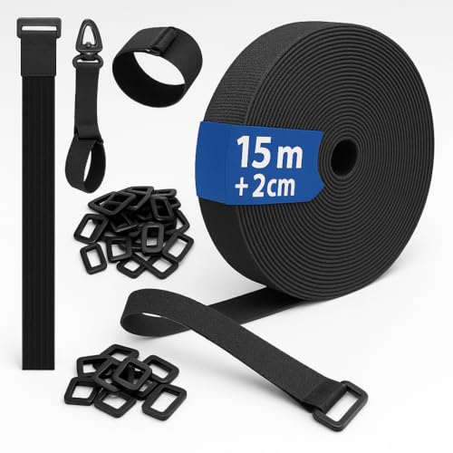 GENESIS® Sujetacables Reutilizables, Bridas Negras + 50 hebillas + 10 Ganchos, Abrazadera de Cable de Longitud de Corte Libre, Uso Oficina, Jardin, Hogar, Nylon Negro (15m x 2cm)