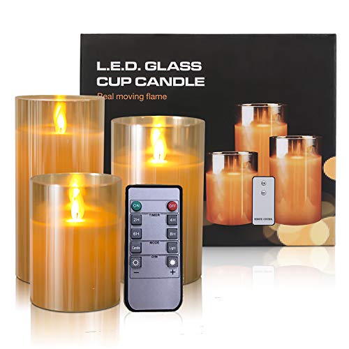 Kithouse Flameless Led Candles Flickering Battery Operated Pillar Real Wax LED Glass Candle Sets with Remote Control Cycling 24 Hours Timer, 4