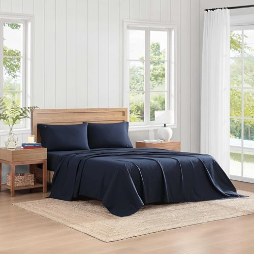 Image of Tommy Hilfiger - Queen Size Sheet Set, Cool & Crisp Cotton Percale Bedding with Matching Pillowcases, Lightweight & Breathable Bed Sheets, Deep Pocket, College Dorm Room Essentials (Solid Navy)