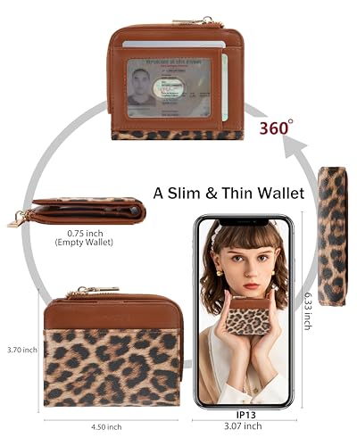 Image of Small Bifold Wallets Woman RFID Mini Wallet for Women Slim Card Holder with Zipper Coin Pocket & 2 ID Windows (Leopard)