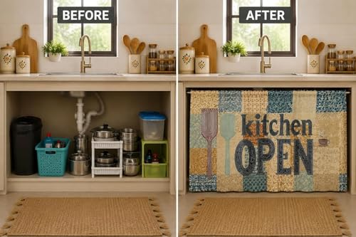Image of Premium Printed Kitchen Sink Curtain | Washable & Dustproof Rod Pocket Counter Skirt | Perfect for Any Sink,Counter | Multicolor Cooking (Kitchen Open, Pack of 1)