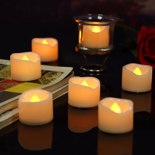 Image of CANDLE CHOICE Battery Operated Flameless Tea Lights Bright Flickering LED Tealight Votive Candles for Wedding Party Table Centerpieces Halloween Christmas Decoration Batteries Incl Amber Light 12 Pack