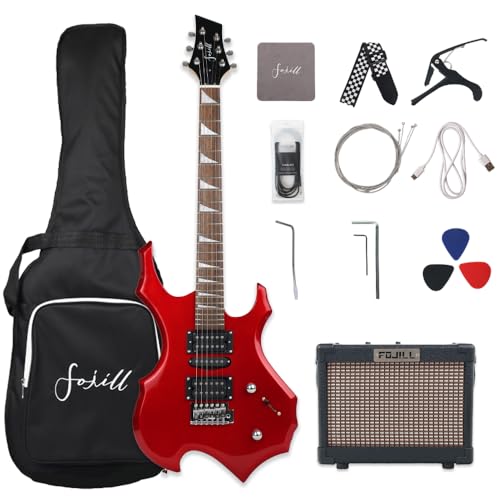 Fojill Heavy Metal Cool Electric Guitar Kit Set Beginner Starter Combo Package Bundle Battery Power Bluetooth 10W Amplifier Amp Accessory Gig Bag,Picks, Cable,Strap,Strings(FCGK-60, Metallic Red)