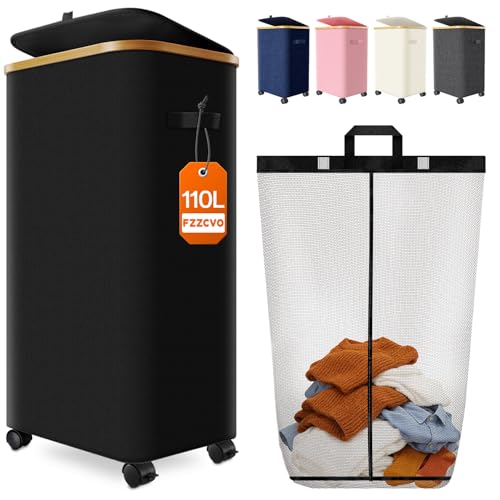 Image of Laundry Hamper with Wheels, 110L Large Clothes Hamper with Removable Inner Bag, Collapsible Dirty Clothes Basket for Dorm, Rolling Dirty Clothes Basket for, Bedroom, Bathroom, Laundry Room