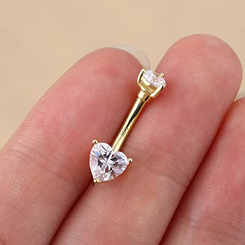 Cm Crareesi Mania 14K Solid Gold Belly Rings Heart Cubic Zirconia Belly Button Piercing Rings 14G Yellow Gold Navel Piercing Jewellery Prong Set Navel Rings #TOP3