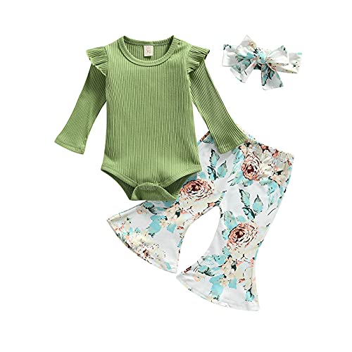 Karesoull Fall Winter Newborn Baby Girl Clothes Set Floral Outfits Infant Long Sleeve Solid Ribbed Tops Flare Pants 3PCS (Green, 12-18 Months)