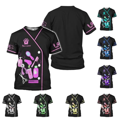 Tinoshop Personalized Dog Grooming 3D Shirt, Custom Pet Spa Short Sleeve T-Shirt, Cute Pet Grooming Summer Tshirt for Women (Polyester, HD555)