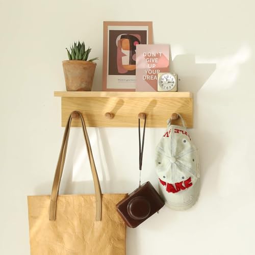 XAOHOME Small Entryway Shelf with Hooks, Wall Mounted Coat Rack with Shelf for Small Spaces, Wooden Floating Wall Organizer for Entryway, Mudroom, Nursery, Bathroom & Kitchen (Oak Finish)