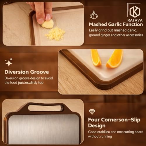 Image of Double Sided Stainless Steel Cutting Board for Kitchen, Stainless Steel & Wheat Straw Chopping Board with Juice Groove, Non-Slip, BPA Free, Dishwasher Safe for Meat, Fruits & Vegetables (Brown)
