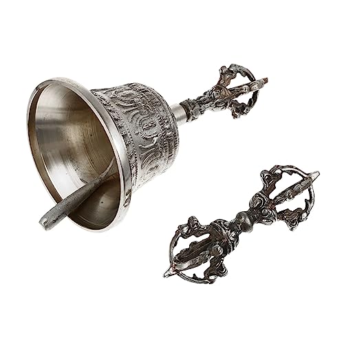 仏教の金剛杵 ハンドベルセット 真鍮製 シルバー 12X6.5X6.5CM 瞑想用 装飾時計 クリスマス飾り ヨガベル 寺院 リビングルーム ダイニングルーム向け (シルバー09,15X9X9CM)