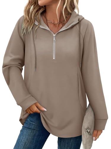 onlypuff Women Hoodie Pullover Trendy Quarter Zipper Lapel Sweatshirts Drawstring Cute Hooded Tunic Tops with Side Pockets