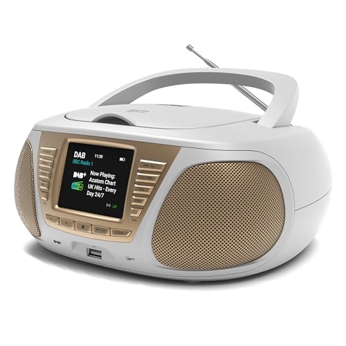 Portable CD Player with DAB/DAB+/FM Digital Radio | Bluetooth & USB MP3 Player | Large Display | Battery & Mains Powered (6x”C”) | Perfect for Home, Office or Outdoors | AZATOM Zenith Z4 (White)