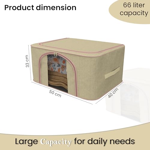 Image of Kuber Industries Pack of 5 Foldable 66 Liter Cloth Organizer for Storage with Steel Frames, Zip & Handles | See Through Saree Organiser for Wardrobe & Seasonal Home Items | LJ-1-BG | Beige