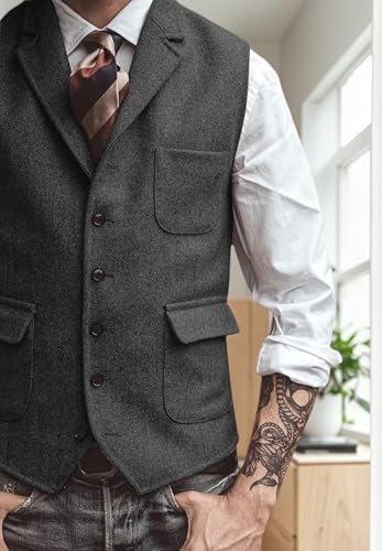 Mens Suit Vest Lapel Herringbone Tweed V Neck Waistcoat Formal Wedding Business Dress Vest3