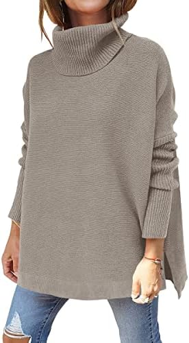 ANRABESS Oversized Sweaters for Women Tunic 2023 Fall Split Hem Long Sleeve High Neck Lightweight Loose Fit Tunic Pullover Sweater Knit Tops 452huika-S Gray
