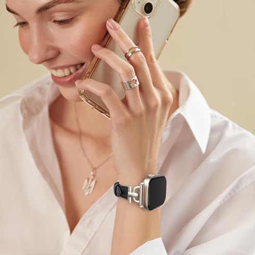 Image of Leather Band Compatible with Apple Watch Bands for Women, Dressy Fancy Strap for iWatch Series 11 /10 /9 /8 /7 /6 /5 /4 /3 /2 /1 /se(38mm 40mm 41mm 42mm,Lizard Black /Starlight)
