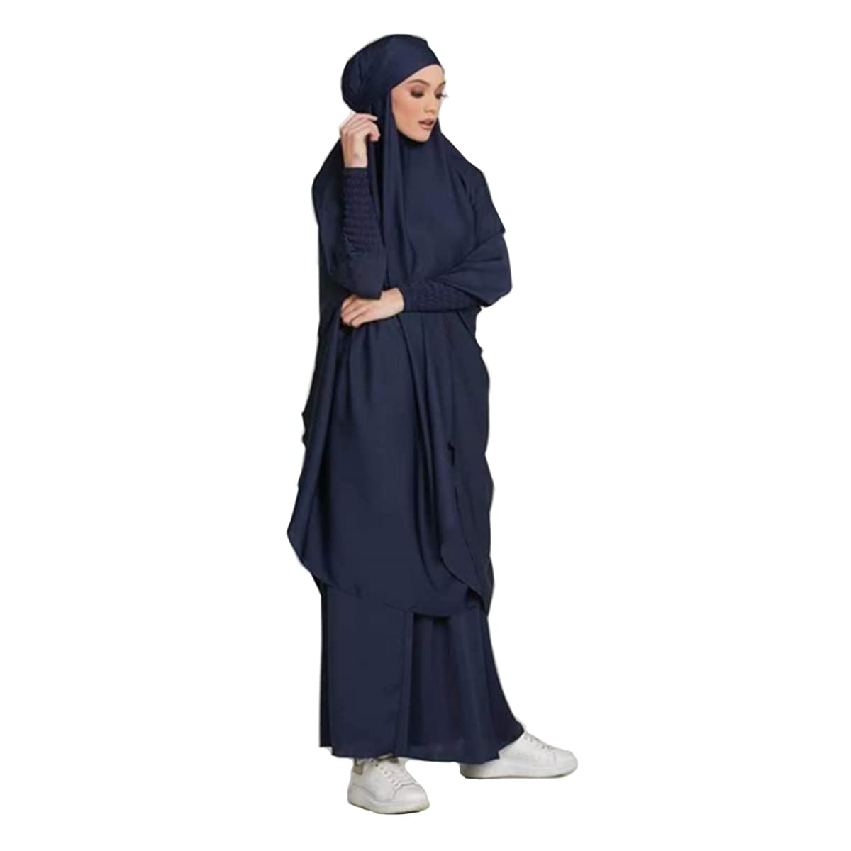 Women Muslim 2 Set Solid Color Plus Long Sleeve Thobe One-size Longuette Overall Abaya Thobe with Hoodied Hijab