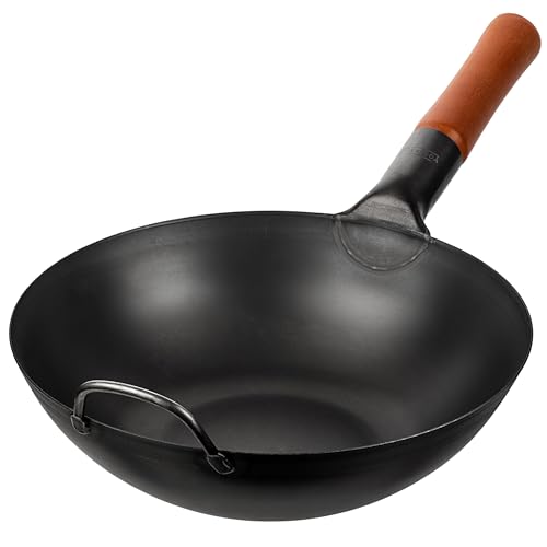 YOSUKATA Woks Et Poêles à Frire 30 cm à Fond Plat Pré-assaisonné Chinois Traditionnel - Wok Acier Carbone Noir Pour Induction, Plaques Électriques, Gaz, Feu Ouvert - Pour Sauté, Barbecue et Camping