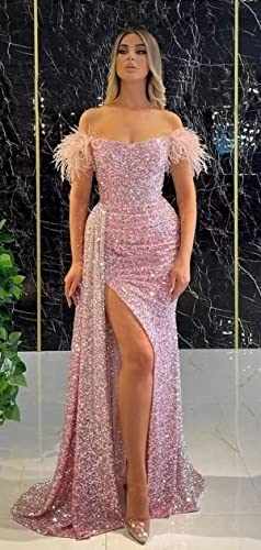 MuXiuFC Feather Sequin Prom Dresses 2023 Long Off Shoulder Formal Evening Party Bridesmaid Gown for Wedding with Slit3
