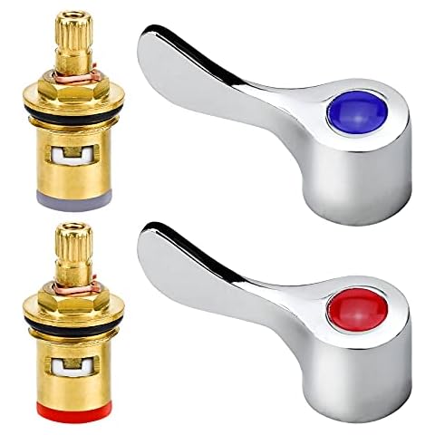 HAOSEA 2 Pcs Replacement Tap Valves Brass Ceramic Disc Cartridges Insert Set Quarter Turn 1/2" Inner Faucet Valve with 2 Metal Lever Heads for Kitchen Bathroom Tap Replacement Cover