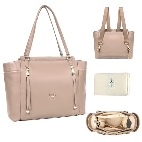 Image of miss fong Diaper Bag Tote Leather Diaper Bag Backpack, Large Capacity Mommy Bag Hospital Bag, 12 Pockets Travel Diaper Tote with Changing Pad Pañaleras Para Bebe for Moms & Dad-Khaki