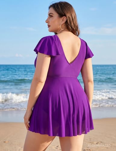 Image of Blooming Jelly Women's Plus Size Bathing Suit One Piece Swim Dress Tummy Control Swimsuits Ruffle V Neck Swimwear