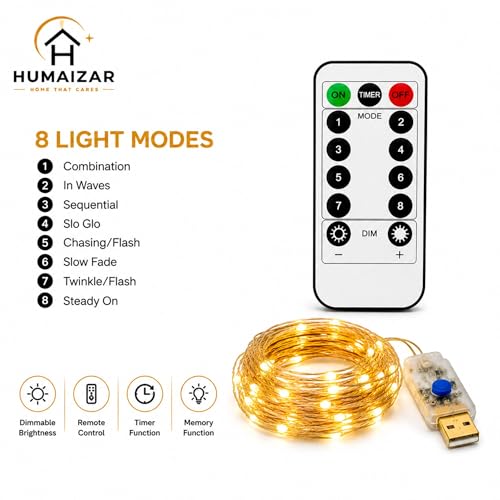 Image of HUMAIZAR 5M USB Powered LED String Lights with Remote & 8 Modes, Copper Wire Fairy Lights for Bedroom, Wedding, Christmas, Ramadan, Diwali, Party, Curtain & Home Decoration (Yellow Light)