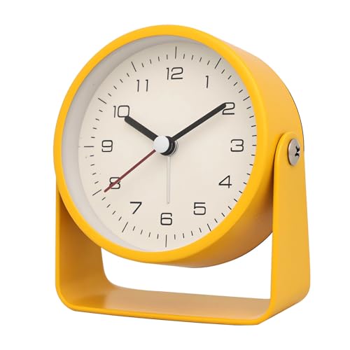 3 Analog Alarm Clock - Silent Non Ticking Small Clock, Rotatable Stand Metal Desk Clock, Simple Design for Living Room Decor/Bedroom/Bedside/Shelf (Yellow)