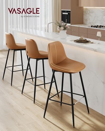 VASAGLE Bar Stools Set of 2, Bar Height Bar Stools with Back, Ergonomic Backrest, Synthetic Leather, Metal Legs, 28.5-Inch Tall Barstools for Kitchen Island Home Bar, Easy Assembly, Caramel Brown