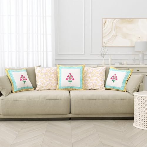 Image of BLOCKS OF INDIA Hand Block Printed Cotton,300 TC Cushion Cover (16 X 16 Inches) (Cushion 4), Multicolor