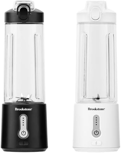Brookstone 500mL Portable Blender Combo Pack – Two Additional Lids for On-the-Go Convenience – Personal Blender Perfect for Shakes, Smoothies, Food Prep, and Frozen Blending, BPA-Free (Black & White)