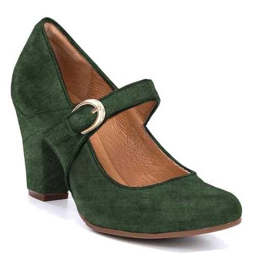 Image of SHODENSE Women Vintage Chunky High Heel Mary Jane Shoes Round Closed Toe Ankle Strap Dress Sandals 3 inch Block Heels Mary Jane Lolita Pumps Two-Toned Patchwork Buckle Office Lady Wedding Retro 4-11 M US