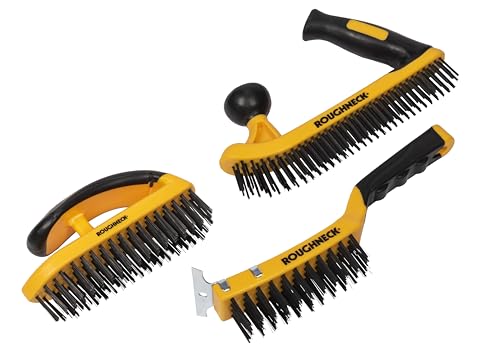 Roughneck Heavy Duty Wire Brush 3 Piece Set – High-Performance Cleaning Kit with Carbon Steel Bristles & Soft Grip – Scraper (300mm), Block (165mm), Two-Handed Brush (250mm)