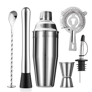 6-Piece Cocktail Shaker Set 24oz Shaker Strainer Muddler Jigger Mixing Spoon Pour Spout Bartender Kit Stainless Steel Bar Set Housewarming Gift