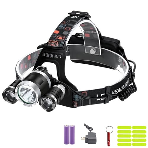 Linterna frontal LED recargable para adultos, zoom ajustable impermeable, luz de cabeza giratoria de 90° para senderismo/camping, funciona con pilas, silbato de supervivencia gratuito y 10 calcomanías