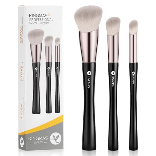 KINGMAS Angled Foundation Brush Concealer Brush, Premium Kabuki Makeup Brush for Liquid, Blending, Cream, Powder, Blush Buffing Stippling Face Makeup Tools White (Black, 3Pcs (170W/270W/370W))
