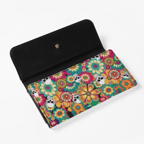 Image of AFPANQZ Wallets for Women Leather Credit Card Holder with RFID Blocking, Hippie Flower Skull Large Capacity Wristlet with RFID Blocking