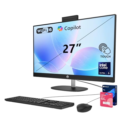 Image of HP 27 inch FHD Touchscreen All-in-One Desktop, Intel Core Ultra 5 225U(12-core), 64GB DDR5 RAM, 1TB SSD, Windows 11 Pro, Next-Gen AI PC Computer with Wired Keyboard & Mouse, Black, w / 64GB Flash Drive