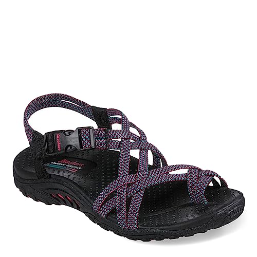 Skechers Women's REGGAE - IRIE MON -Multi strap toe thong sandal, Black Multi, 8