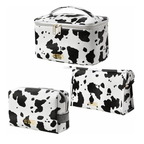 Vanity Case et Trousse de Maquillage de Voyage Femme | Lot de 3 Imprimé Vache en Cuir Synthétique