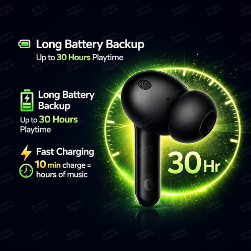 Image of Buds T110 Bluetooth Truly Wireless in Ear Earbuds Compatible with Realme mic, AI ENC for Calls, Google Fast Pair, 38 Hours Total Playback with Fast Charging and Low Latency Gaming Mode(Black)