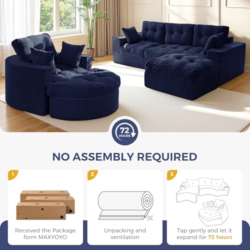 Image of MAXYOYO L Shape Sectional Sofa Couch and Round Chaise Lounge, Modern Cloud Couch with Ottoman, Comfy Sofa with Layered Cushion, Tufted Upholstered Sleeper Chair for Living Room, No Assembly Required
