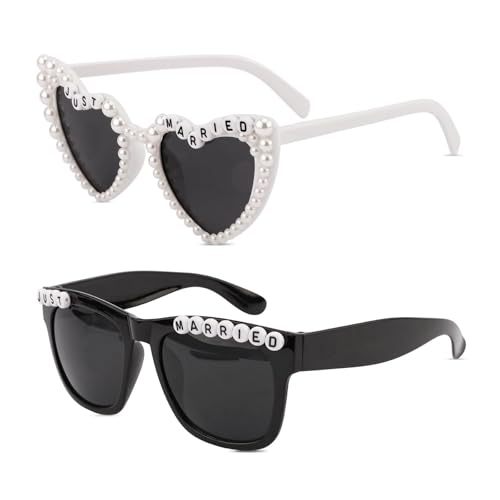 Auroriel 2 Piezas Decoración de Novios Gafas de Sol para Recién Casados Decoración de Fiesta de Boda Accesorios de Gafas de Sol de Corazón Blanco y Cuadrado Negro