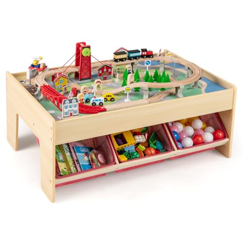 Image of Costzon Train Table, 3-in-1 Wooden Activity Table W / 3 Storage Bins, Reversible 94 PCS Track Train Toys & Table Map for Building, Playing, Studying, Eating, Kids Train Set Table for Boys Girls Aged 3+
