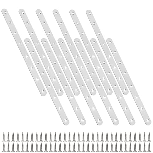 JMIATRY 12 Pcs Mending Plates, Metal Straight Brackets for Wood 295mm Stainless Steel Sleeper Brackets with 120 Pcs Screws